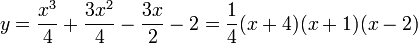 y=\frac{x^3}{4}+\frac{3x^2}{4}-\frac{3x}{2}-2=\frac{1}{4}(x+4)(x+1)(x-2)