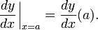 \frac{dy}{dx}\left.{\!\!\frac{}{}}\right|_{x=a} = \frac{dy}{dx}(a).