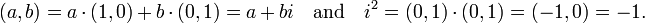 (a, b) = a \cdot (1, 0) + b \cdot (0, 1) = a + bi \quad \text{and} \quad i^2 = (0, 1) \cdot (0, 1) = (-1, 0) = -1.