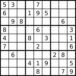 A typical Sudoku puzzle grid, with nine rows and nine columns that intersect at square spaces. Some of the spaces are pre-filled with one number each; others are blank spaces for a solver to fill with a number.