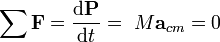 \ \sum{\mathbf{F}} = {\mathrm{d}\mathbf{P} \over \mathrm{d}t}=\ M\mathbf{a}_{cm}= 0