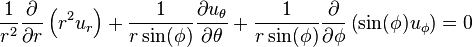 
\frac{1}{r^2}\frac{\partial}{\partial r}\left(r^2 u_r\right) + 
\frac{1}{r \sin(\phi)}\frac{\partial u_\theta}{\partial \theta} + 
\frac{1}{r \sin(\phi)}\frac{\partial}{\partial \phi}\left(\sin(\phi) u_\phi\right) = 0