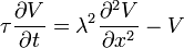 
\tau \frac{\partial V}{\partial t} = \lambda^{2} \frac{\partial^{2} V}{\partial x^{2}} - V
