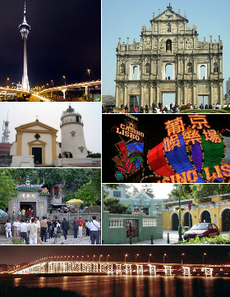 Clockwise from top right:Ruins of St. Paul's; Casino Lisboa; St Joseph Seminary Church; Governor Nobre de Carvalho Bridge; A-Ma Temple; Guia Fortress; Macau Tower.