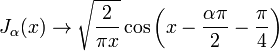 J_\alpha(x) \rightarrow \sqrt{\frac{2}{\pi x}} 
        \cos \left( x-\frac{\alpha\pi}{2} - \frac{\pi}{4} \right)