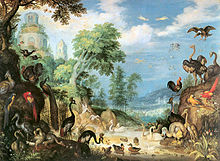 Painting of a forest filled with birds, including a Dodo