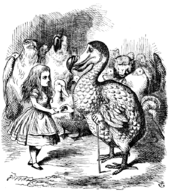 Drawing of a little girl talking to a Dodo with a cane