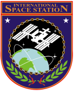 A silhouette of the ISS shown orbiting above the Earth. This image is suspended within an orange and purple shield, with the words 'International Space Station' above the image, and laurel leaves beneath.