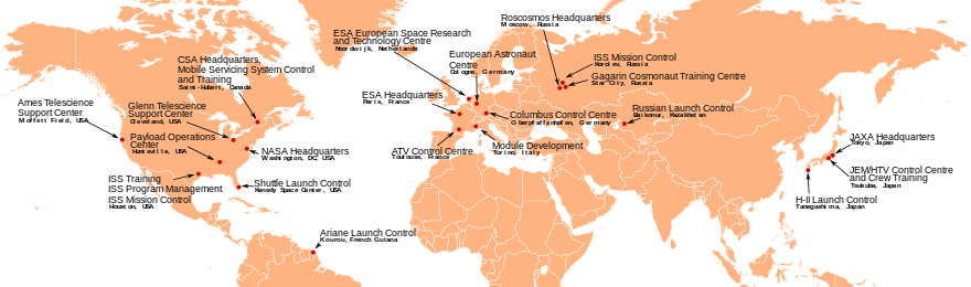 A world map highlighting the locations of space centres. See adjacent text for details.