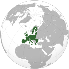 An orthographic projection of the world, highlighting the European Union and its Member States (green).