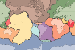 Shows the extent and boundaries of tectonic plates, with superimposed outlines of the continents they support