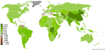 A world map with countries colored in different shades of orange