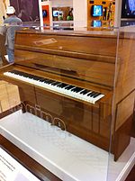 An image of a medium sized brown upright piano in a glass case. The piano keys are exposed.