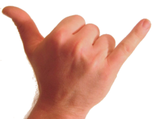 Photo of back of human wrist and hand. The thumb and pinkie are extended and the other fingers are folded against the palm.