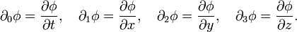 \partial_0 \phi = \frac{\partial \phi}{\partial t}, \quad \partial_1 \phi = \frac{\partial \phi}{\partial x}, \quad \partial_2 \phi = \frac{\partial \phi}{\partial y}, \quad \partial_3 \phi = \frac{\partial \phi}{\partial z}.