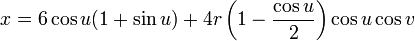 x = 6 \cos u(1 + \sin u) + 4r\left(1 - \frac{\cos u}{2}\right) \cos u \cos v