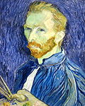 A redbearded man in a blue smock holding paintbrushes and artist palette in his hand; looks to the left