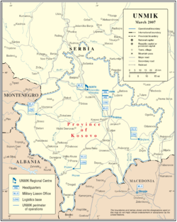 Kosovo as defined by Resolution 1244Serbia (yellow), neighboring states (brown)