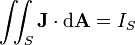 \iint_S \mathbf{J} \cdot \mathrm{d} \mathbf{A} = I_{S}