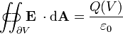 \iint_{\partial V}\!\!\!\!\!\!\!\!\!\!\!\!\!\!\!\!\!\!\!\;\;\;\subset\!\supset \mathbf E\;\cdot\mathrm{d}\mathbf A = \frac{Q(V)}{\varepsilon_0}