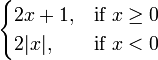 \begin{cases} 2x+1, & \mbox{if }  x \ge 0  \\ 2|x|,  & \mbox{if } x<0 \end{cases} 