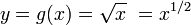 
y = g(x) = \sqrt{x}\ = x^{1/2}\,
